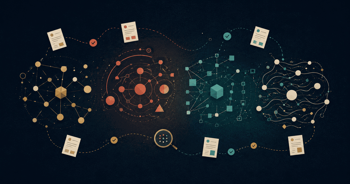 Four abstract evidence networks connected to source cards