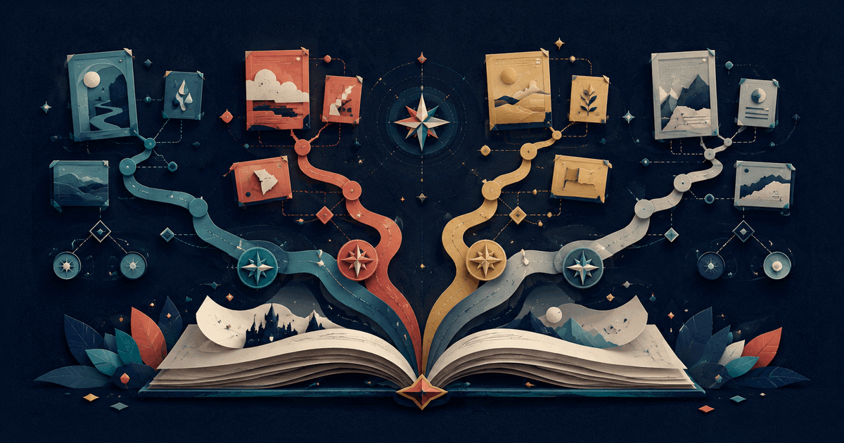 Abstract open book with four branching evidence paths and source cards