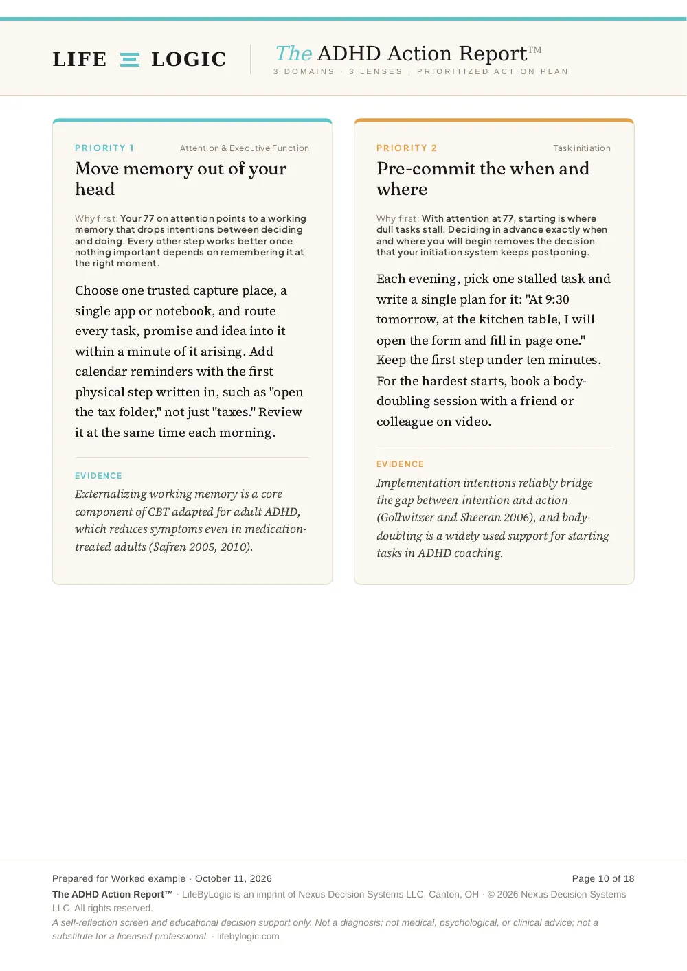 Worked example, the first two of the four changes, Move memory out of your head and Pre-commit the when and where, each with why it comes first, one concrete step and the evidence behind it