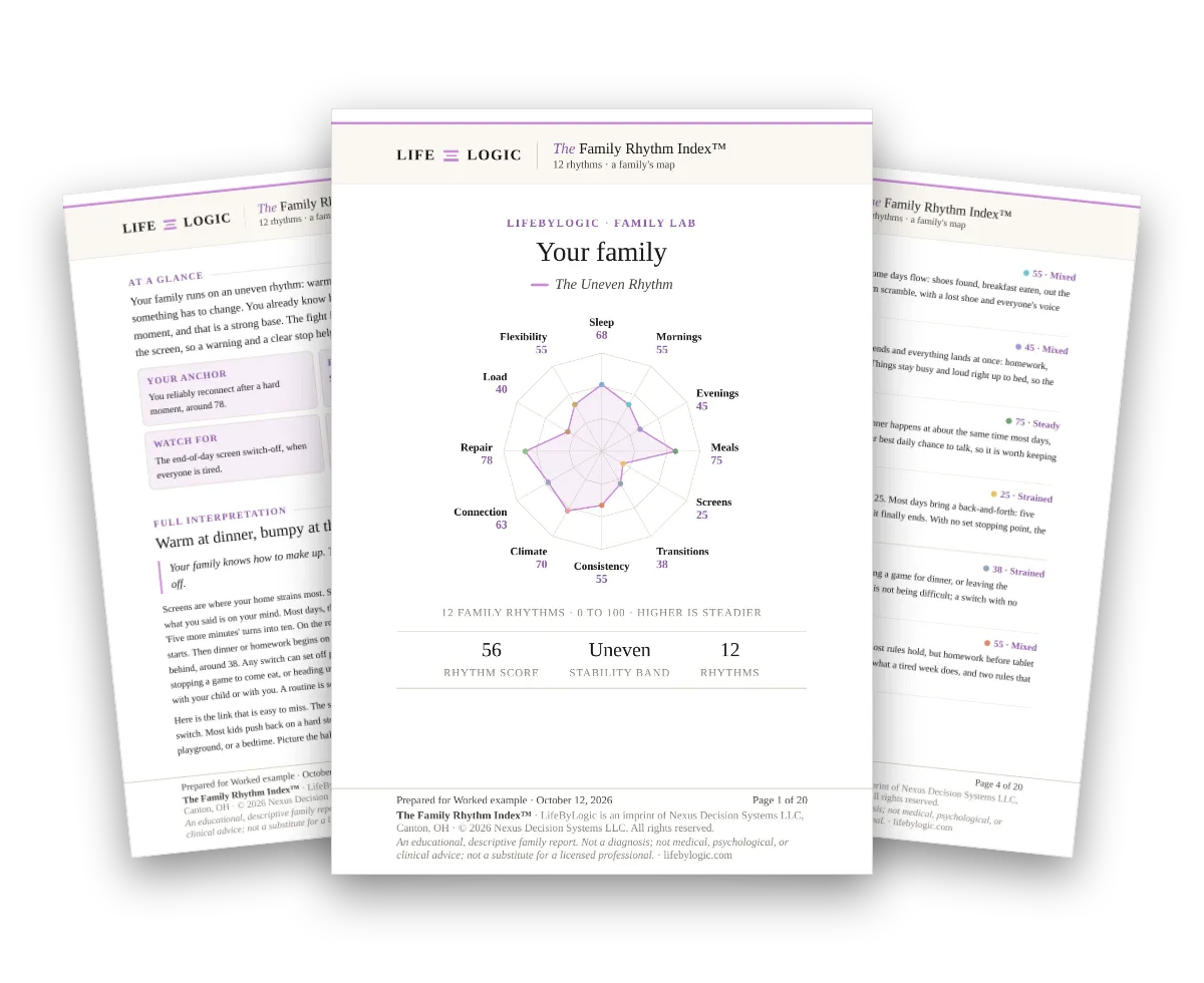 The cover and two inside pages of a worked example of the Family Rhythm Report
