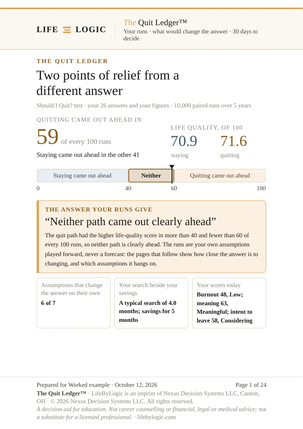 Worked example, the cover with the share of runs, both paths’ life quality and the answer